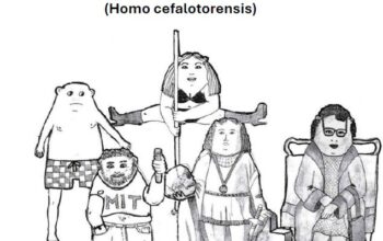 Title card for 'La Vida Cefalotórax' showing five quirky cartoon figures (humanoid characters) with a pole, bottle, and throne, captioned '(Homo cefalotorensis)'.