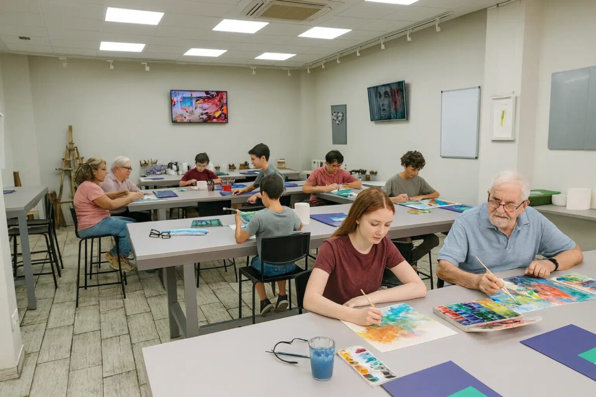 Group of people of various ages painting watercolors at long tables in a bright art classroom with supplies nearbyly visible in the background.