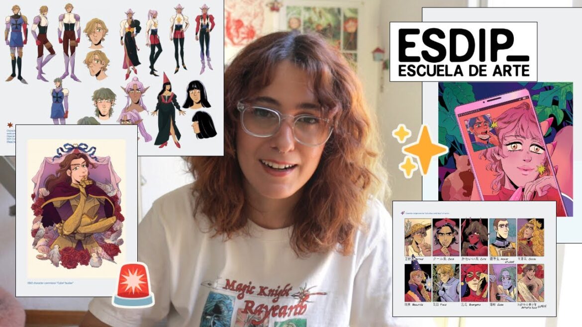 Smiling student with glasses sits in front of a collage of anime character art and the ESDIP Escuela de Arte logo.