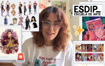 Smiling student with glasses sits in front of a collage of anime character art and the ESDIP Escuela de Arte logo.