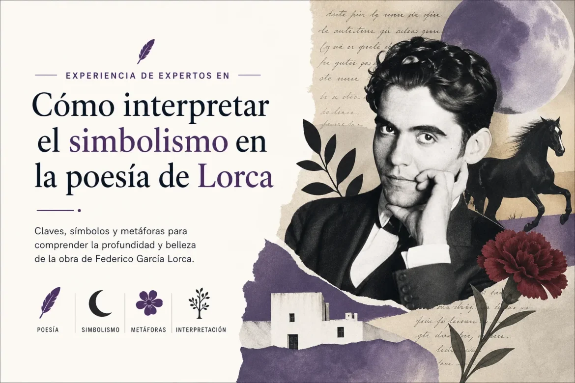 Promotional banner for expert guidance on interpreting symbolism in Federico García Lorca's poetry, with Lorca's black-and-white portrait and a purple collage.