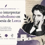 Promotional banner for expert guidance on interpreting symbolism in Federico García Lorca's poetry, with Lorca's black-and-white portrait and a purple collage.