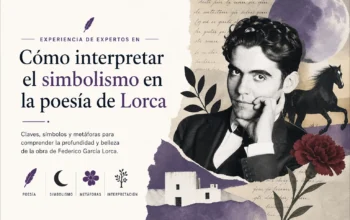 Promotional banner for expert guidance on interpreting symbolism in Federico García Lorca's poetry, with Lorca's black-and-white portrait and a purple collage.