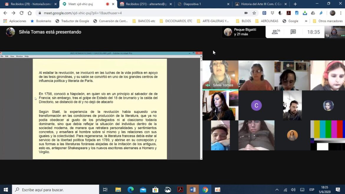Google Meet screen: a shared document with Spanish text about the revolution, and a grid of participant thumbnails on the right side.