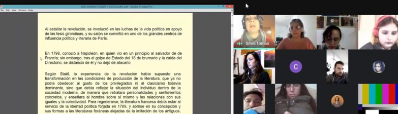 Google Meet screen: a shared document with Spanish text about the revolution, and a grid of participant thumbnails on the right side.