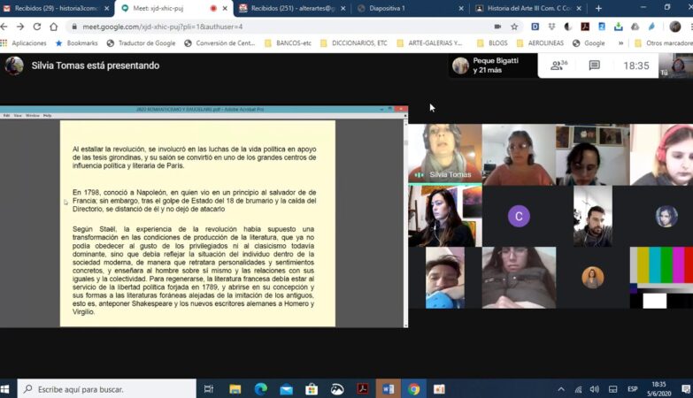 Google Meet screen: a shared document with Spanish text about the revolution, and a grid of participant thumbnails on the right side.